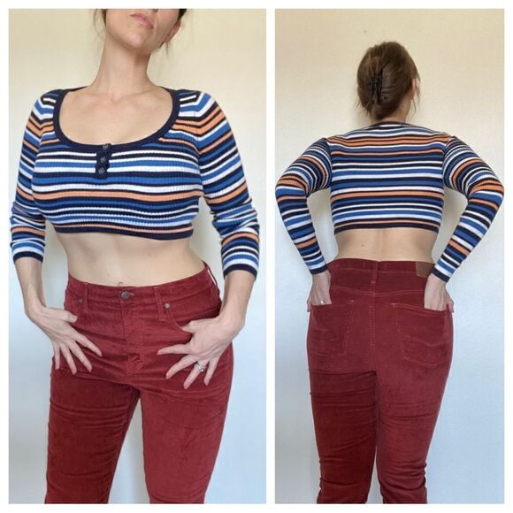 American Eagle Crop Top NEW Stripe Ribbed Stretch XS Baby Tee 90s - Picture 3 of 10